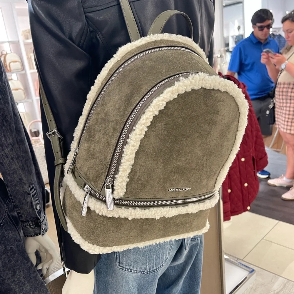 MICHAEL KORS Rhea Medium Suede and Faux Shearling Backpack Olive NWT